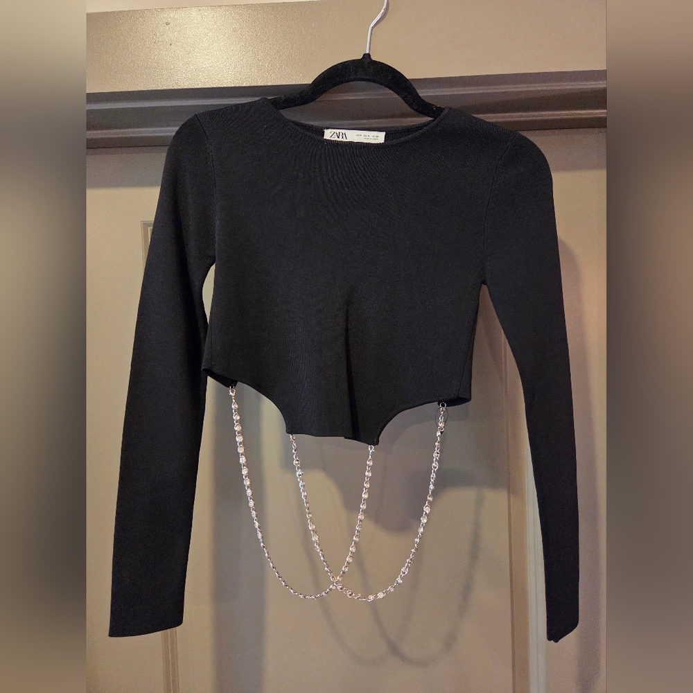Zara Black Cropped Top with Silver Chain Accent